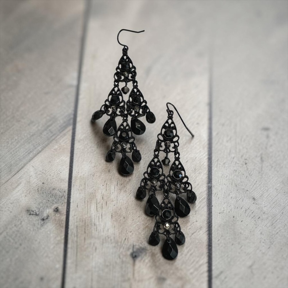Black Filigree Chandelier Earrings Gothic Boho Teardrop Dangle Statement